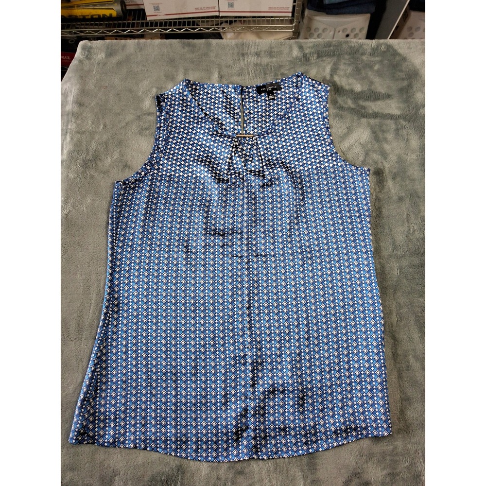 The Limited Blue Geometric Diamond Print Sleeveless Blouse Metal Detail Small